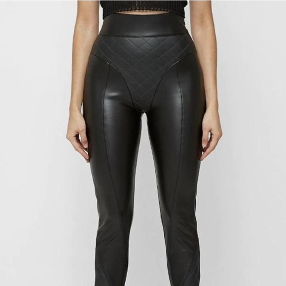 Maniere De Voir Quilted Leather Pants US 8 High Waist Gothcore Moto Leggings - Picture 2 of 14